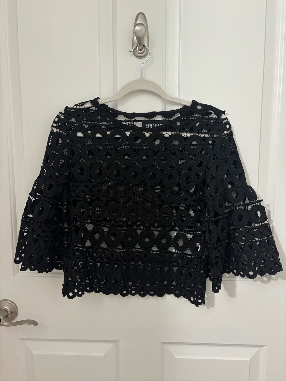 STYLE Mafia Kiana Black Crochet Lace Bell Sleeve Top size S